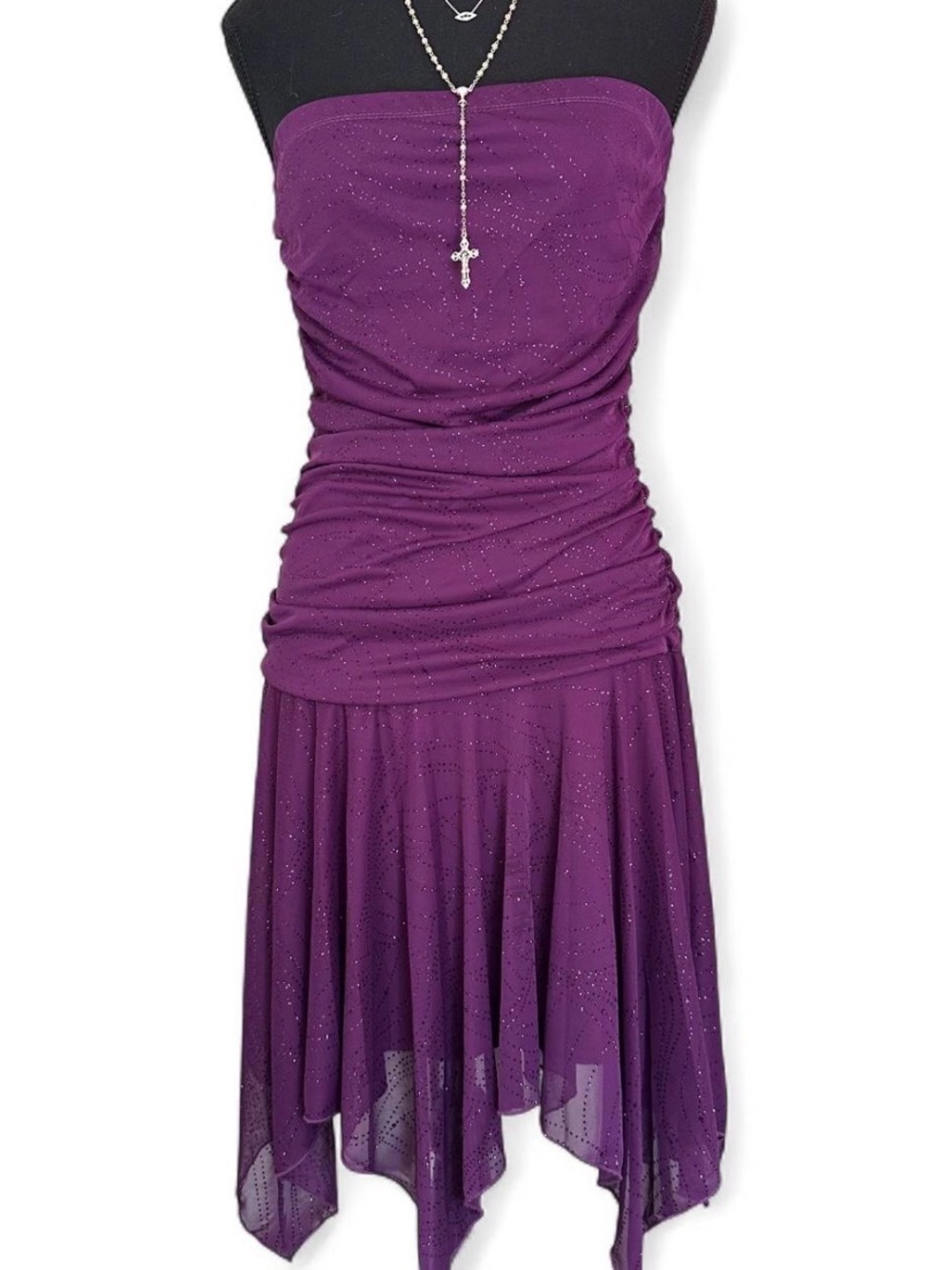 Jessica Strapless Sparkle Purple Ruched Handkerchief-Hem Dress